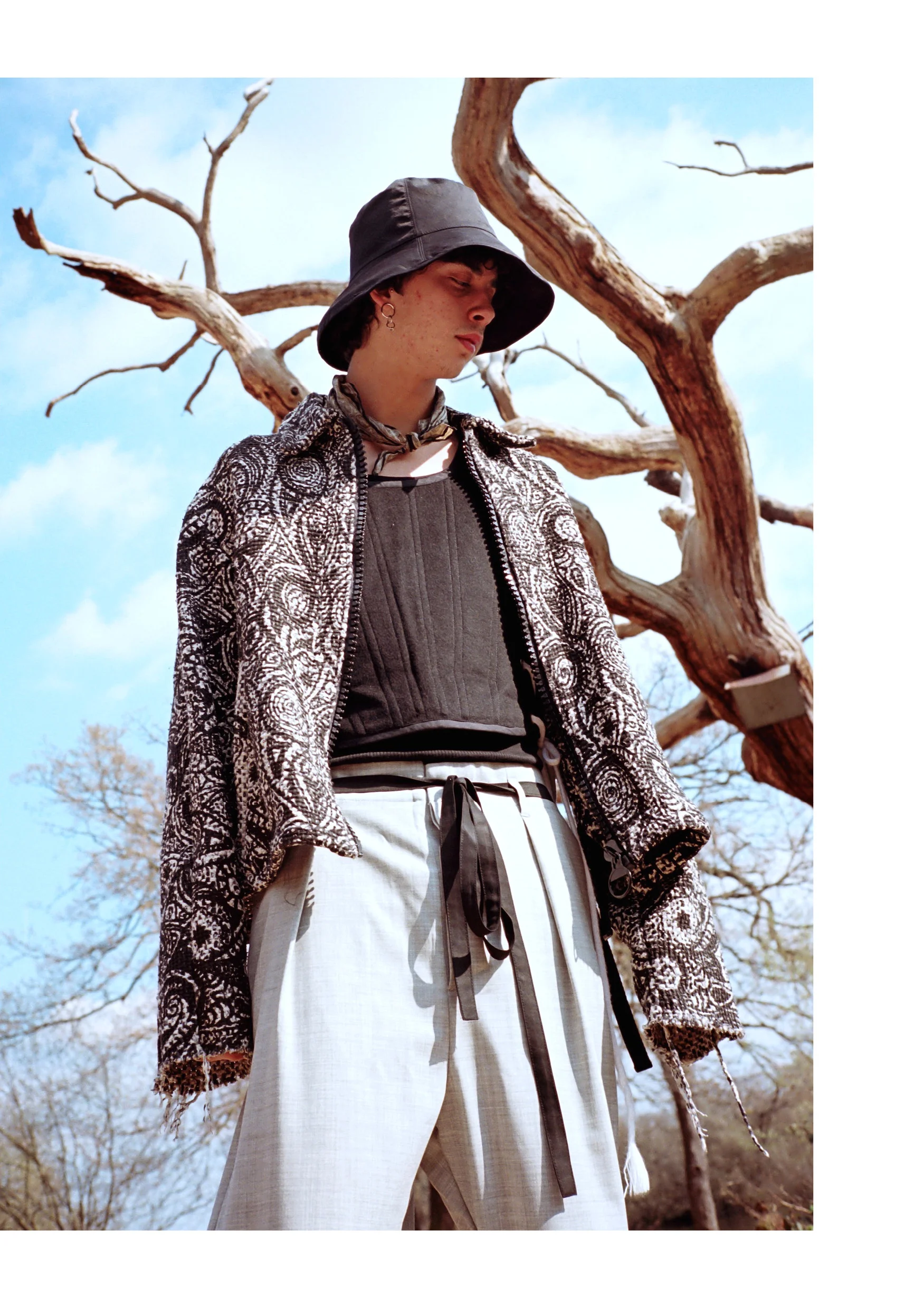 Hat, Jacket & Pants - Tourne de Transmission, Vest Daniel W Fletcher, Neck cheif - Stylists Own, Sandels - Clarks Originals