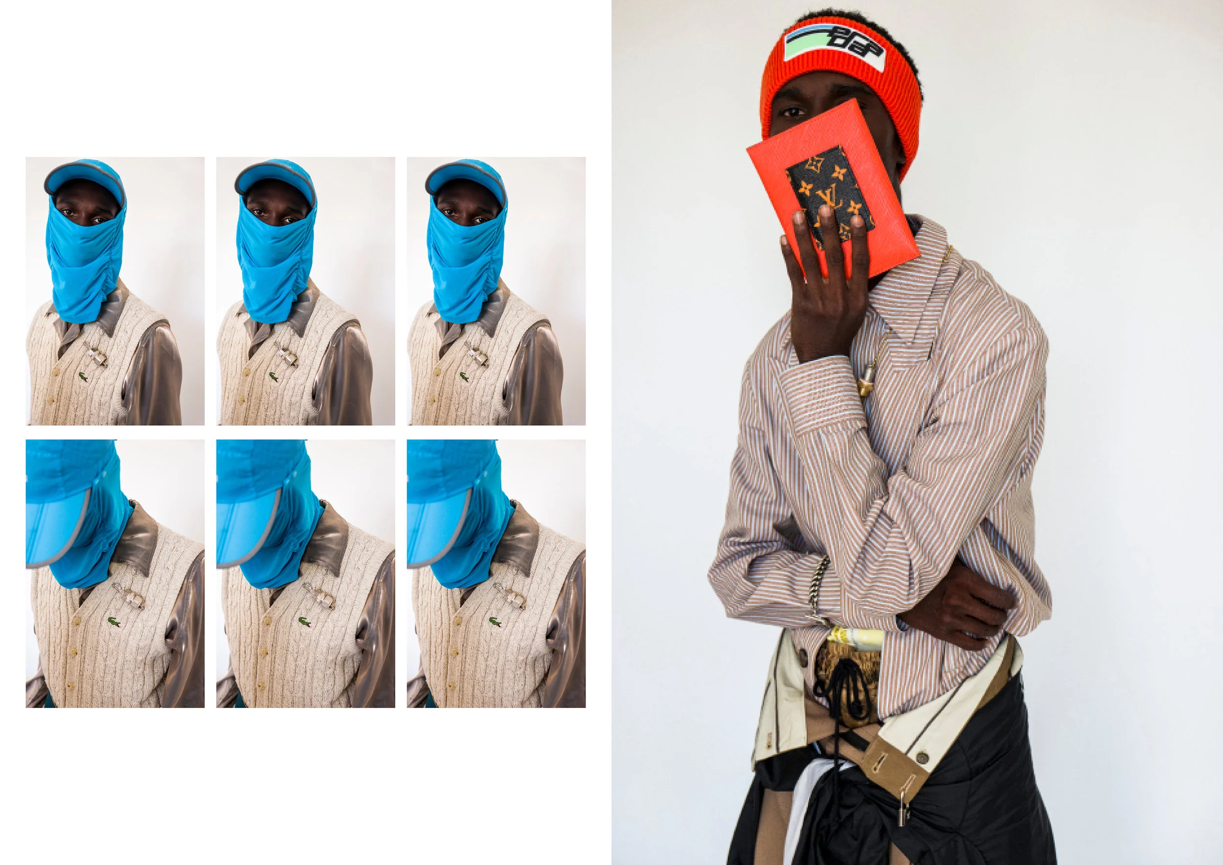 Left: Headwear stylists own, Shirt & Pants- Necessity Sense, Vest - Lacoste, Accessory - Burberry Right: Shirt & Pants - Necessity Sense, Headwear - Prada, Wallet - Louis Vuitton