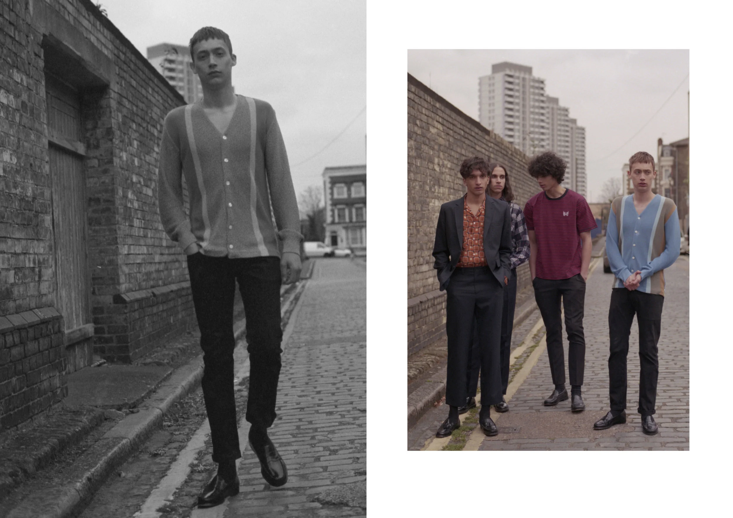 Left: Jamie: V Neck Cardigan- Needles, Trousers - stylist own, shoes GH Bass. Right: Jamie: Jamie: V Neck Cardigan- Needles, Trousers - stylist own, Shoes - GH Bass. Emmanuel: Flannel Shirt - Needles, Trousers stylist own, Shoes - GH Bass. Noah: Shirt - Needles, Suit - Maison Kitsune, Shoes - GH Bass. Akeem: Red striped T-Shirt - Needles, Trousers - Xander Zhou, Shoes - GH Bass.