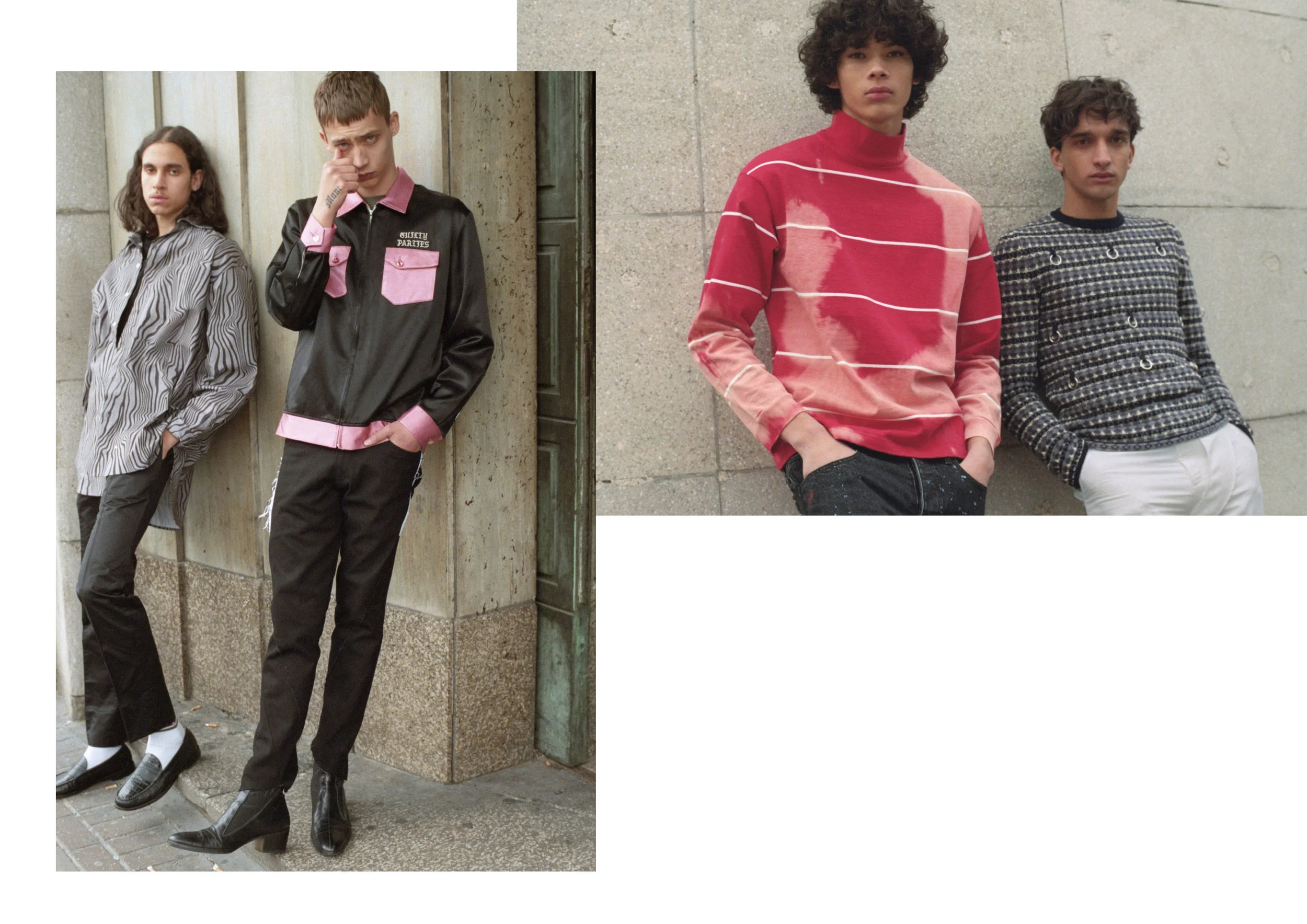 Left: Jamie: Jacket - Wacko Maria, T shirt - Norse Projects, Jeans - Per Gotesson, Boots - Vintage Dior Homme / stylists own Emmanuel: Shirt - Alex Mullins, Black T-shirt - Tourne De Transmission, Trousers stylists own Vintage Martyn Bal, Shoes - G H Bass. Right: Noah: Jumper - Raf Simmos @ Browns, Trousers - Xander Zhou. Akeem: Turtleneck - Balenciaga @ Browns, Jeans - Reese copper.