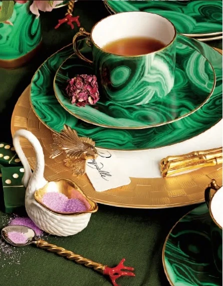 Malachite cup, saucer and plate, byzanteum charger, swan bowl, coral cocktail spoon