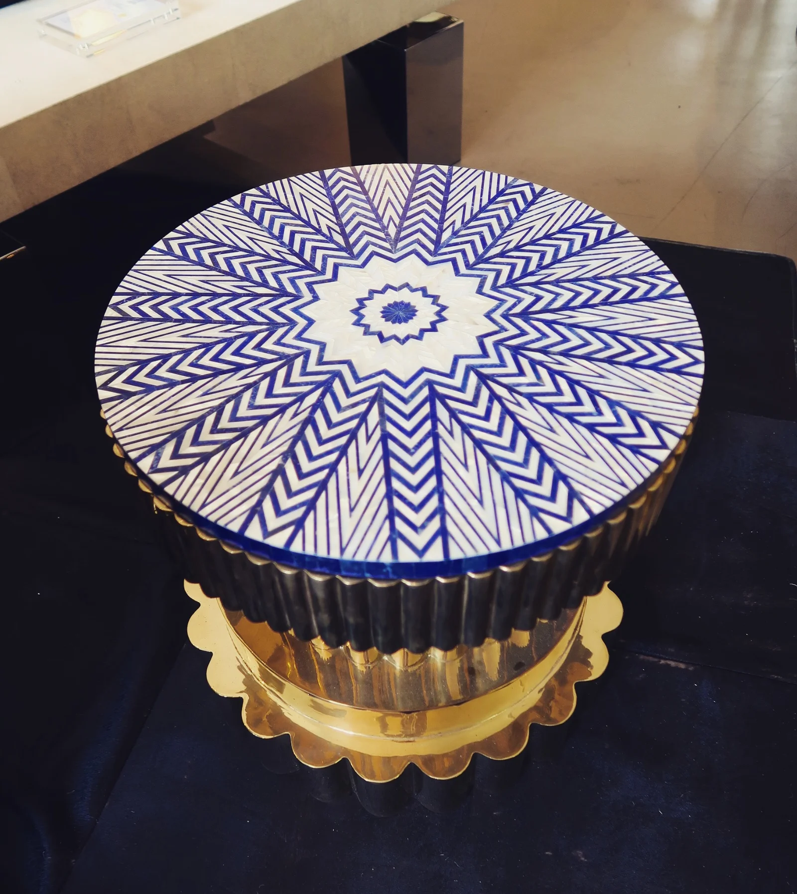 odeon cocktail table, mother of pearl & lazuli lapis herringbone overlay