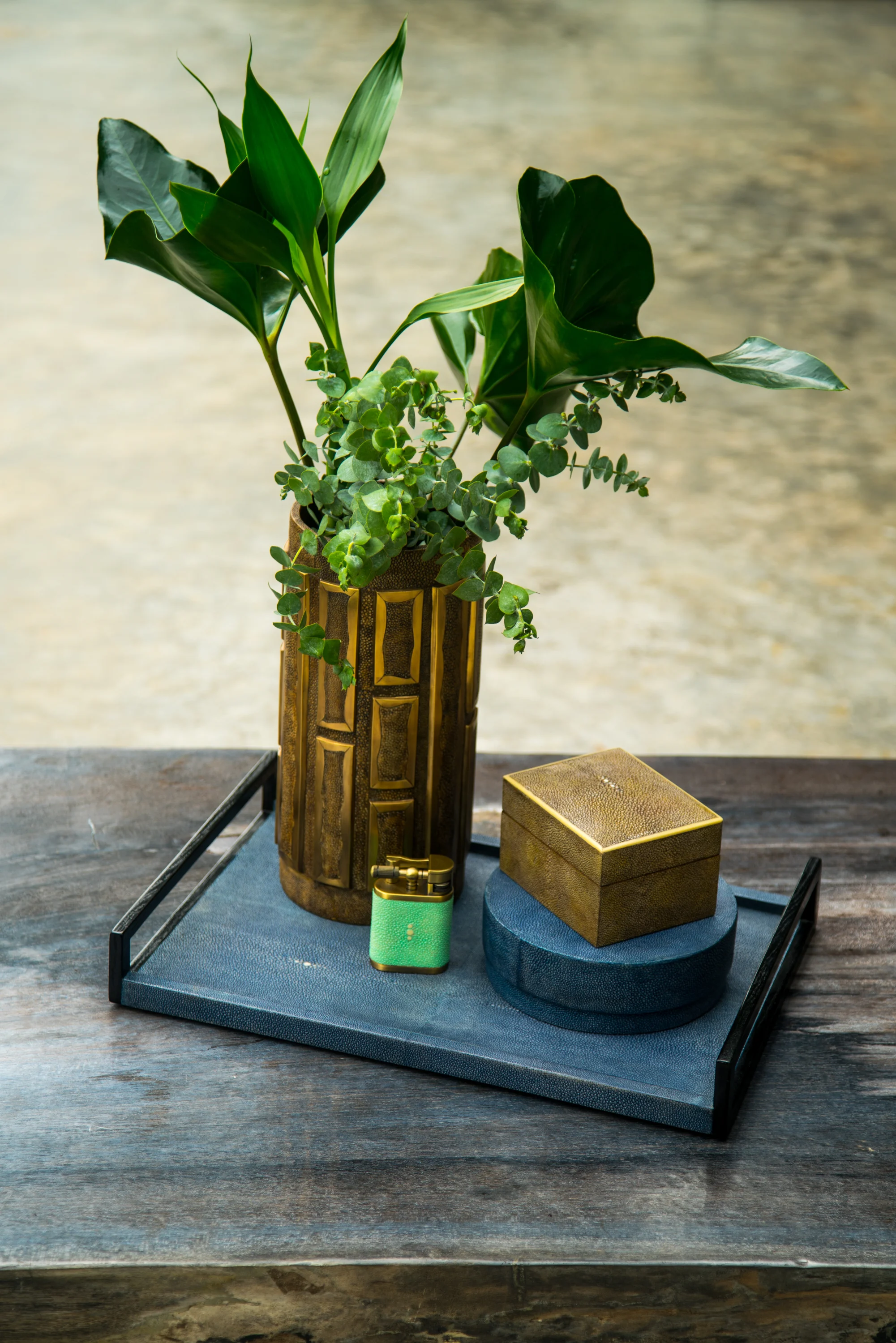 Shagreen vase, containers, antique lighter, tray