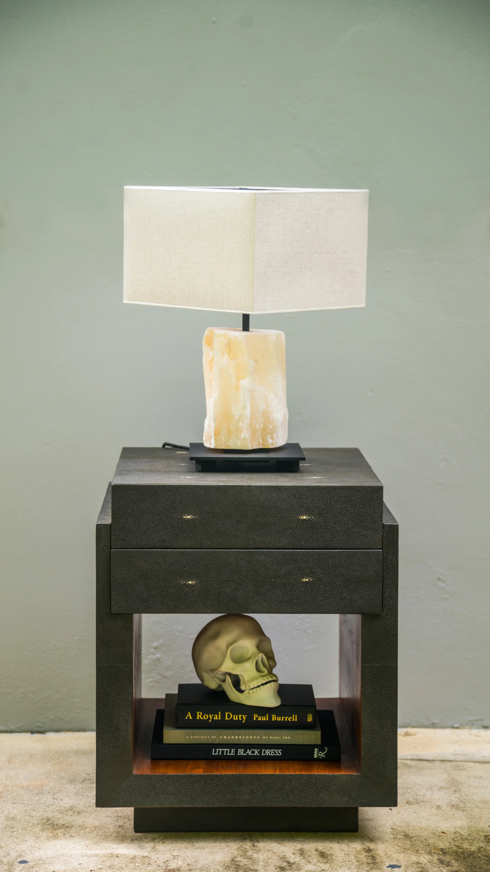 Tomboy side table in shagreen, selenite table lamp, white skull display, assouline books