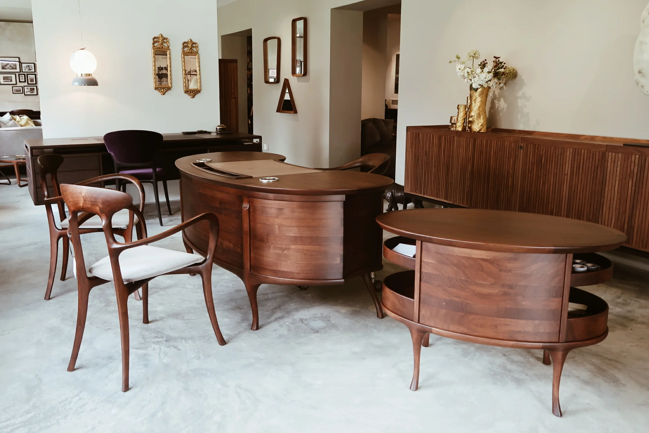 Bean writing desk, little bean side table, ma belle armchairs, neverfull sideboard