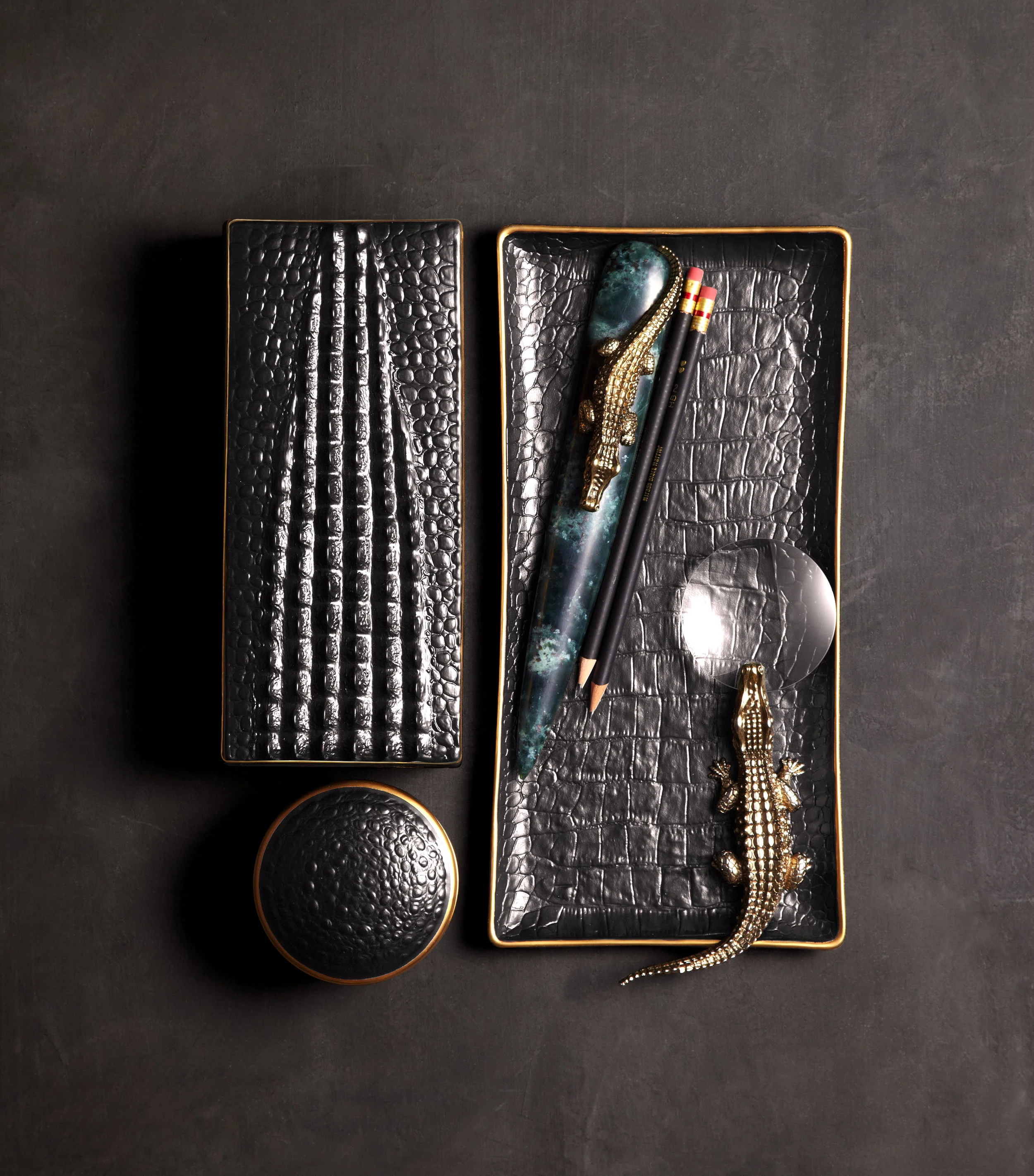 crocodile desk accessories - round box, rectangular box, tray, magnifying glass, african jade letter opener