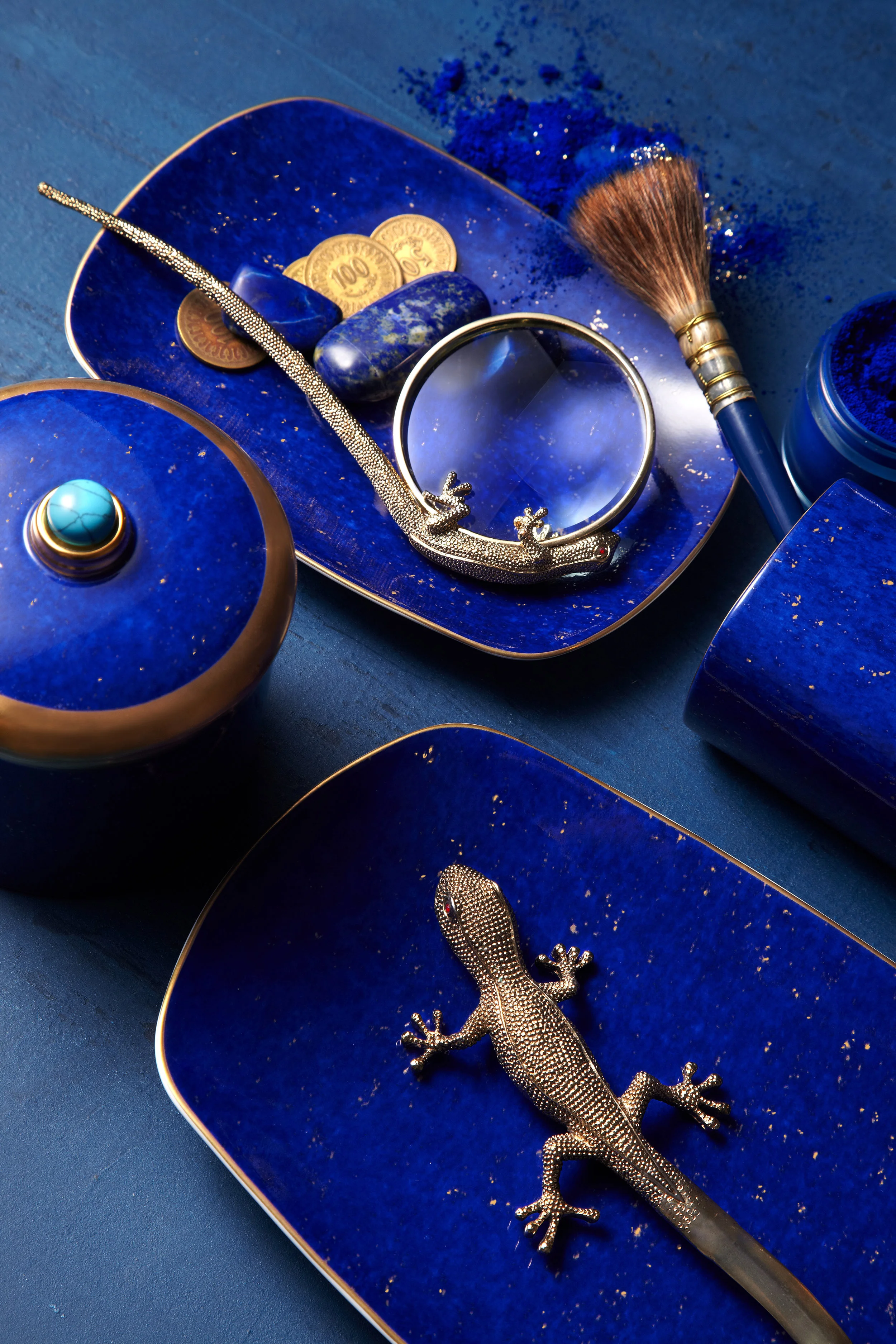 lapis trays, limoges porcelain candle, gecko magnifying glass, gekco letter opener