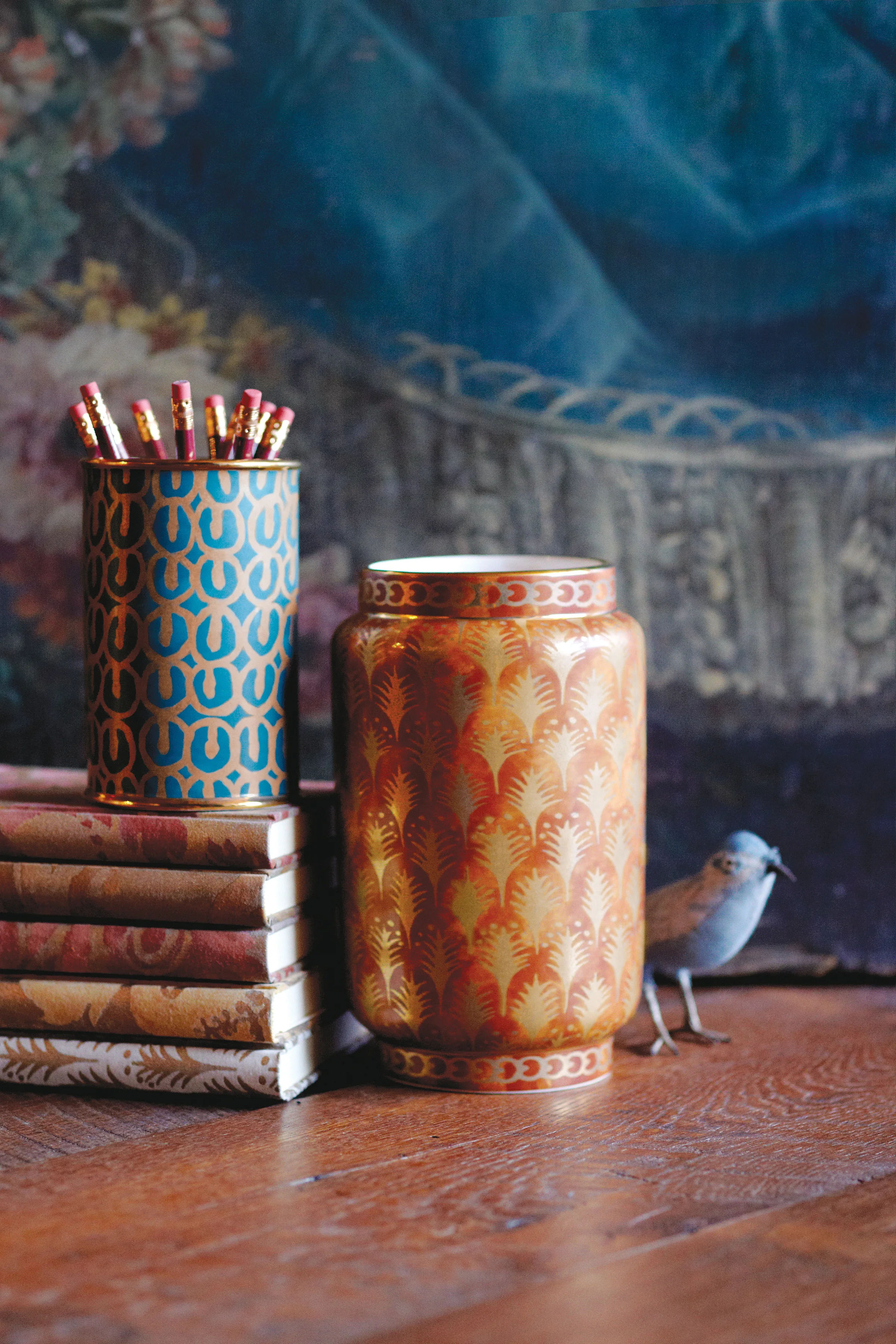 fortuny vase in ashanti teal, fortuny canister in ashanti red