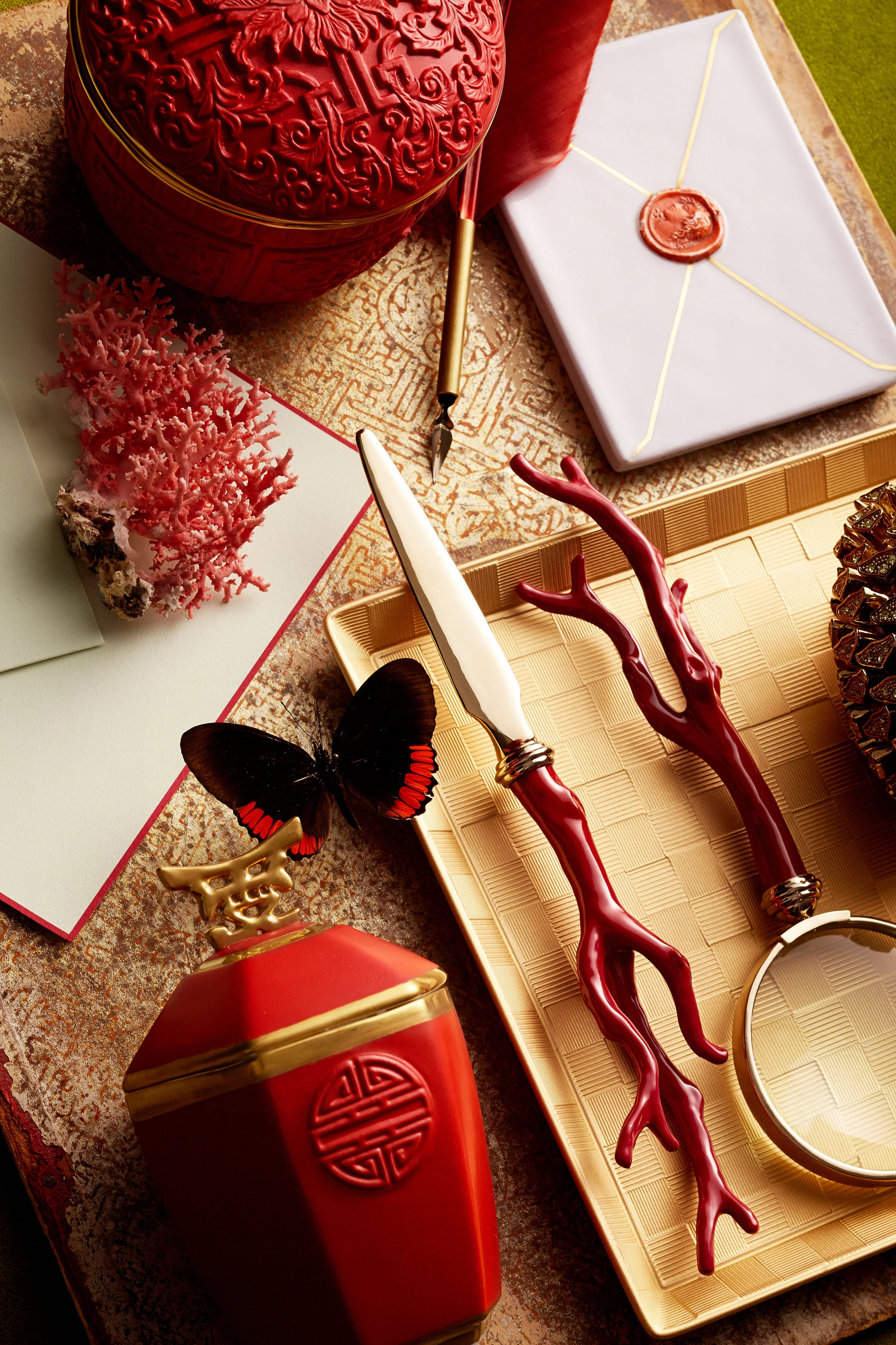 coral desk accessories, cinnabar candle, china love candle