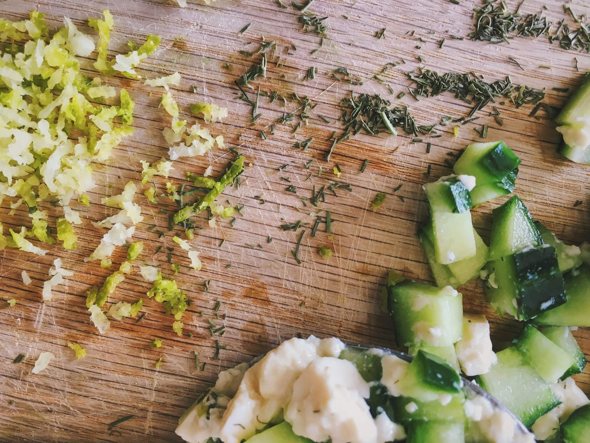 oil-free vegan tzatziki with lemon zest, dill , cucumber and tofu