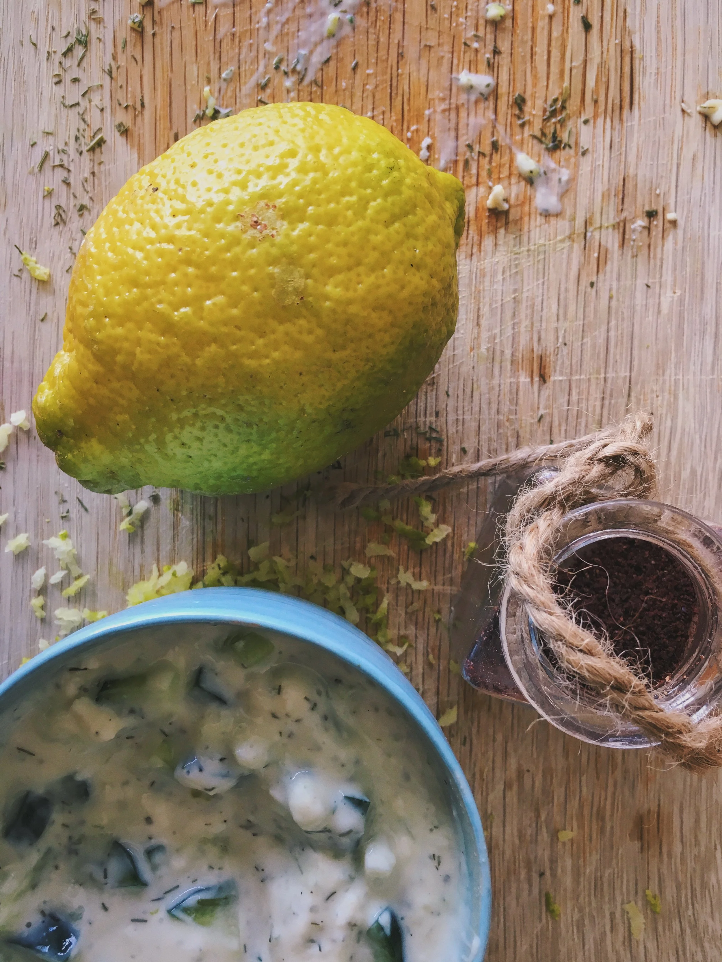 vegan tzatziki dip with lemon and za'atar spices