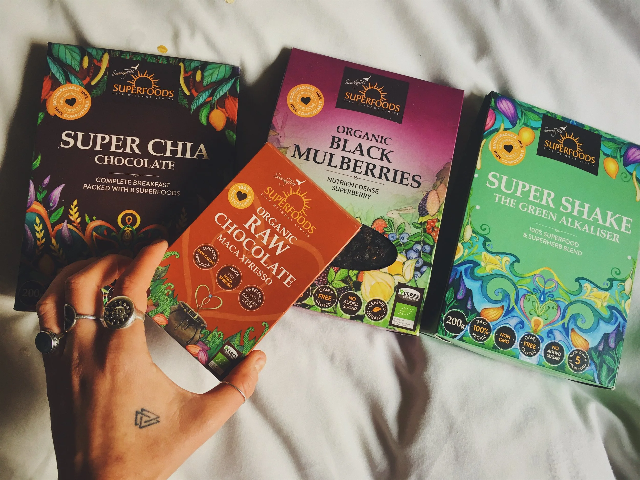 Happiness is eating superfood chocoalte in bed. 