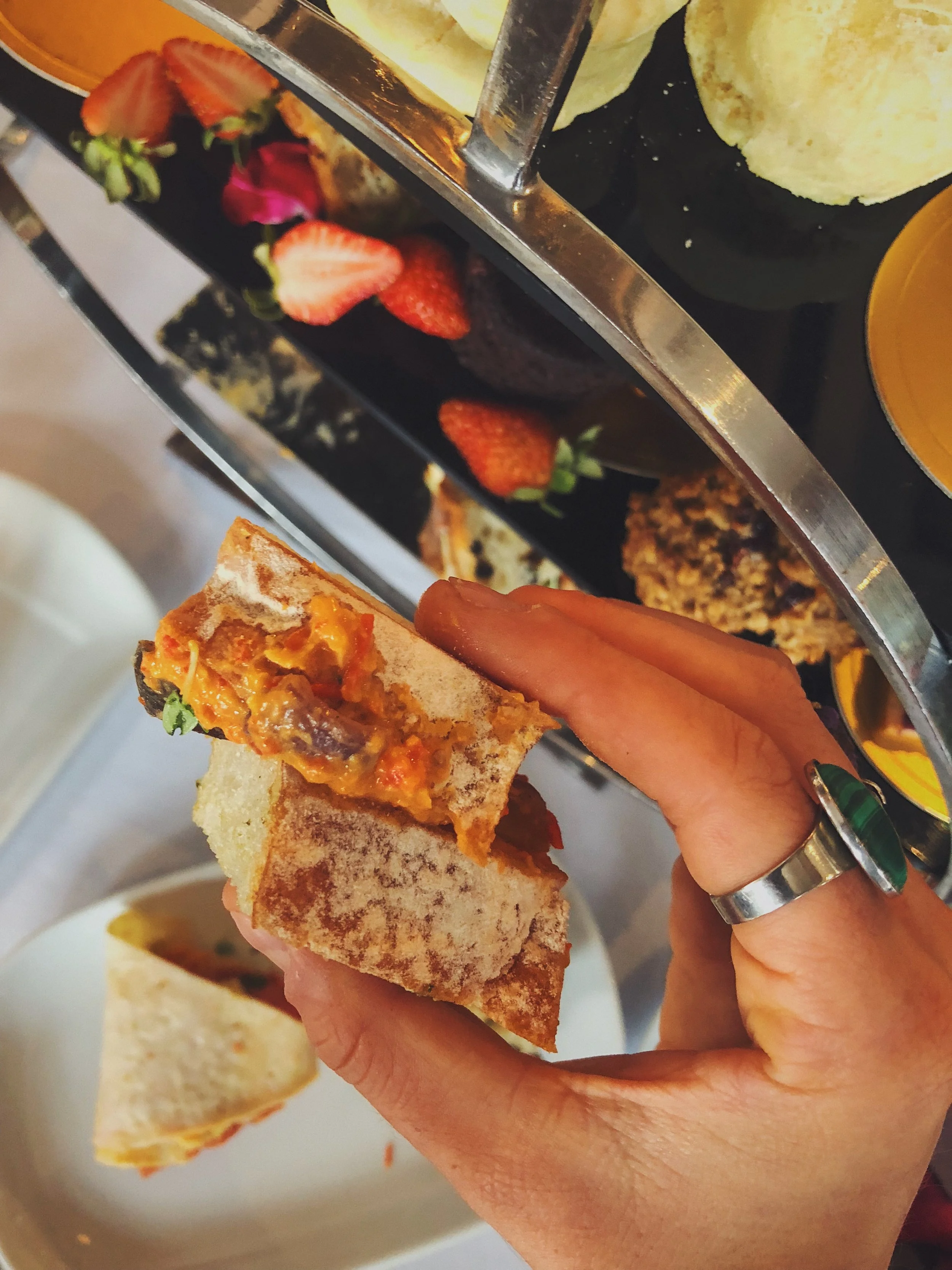 Little sandwiches. Loads of flavour. Welcome to the party, peppadew hummus and roasted vegetables. You're most welcome here.
