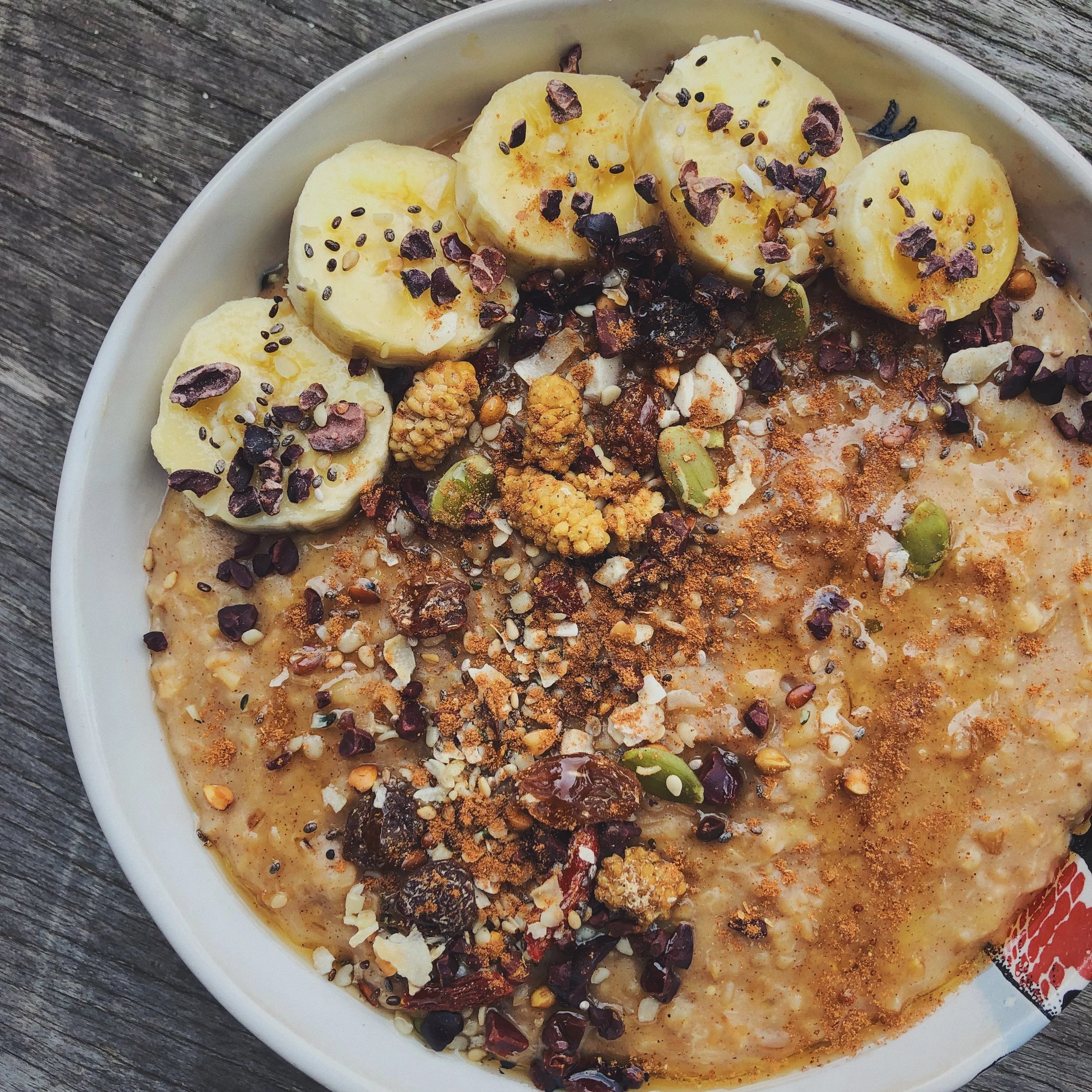 Steel cut oatmeal topped with superfoods and whole lotta love!