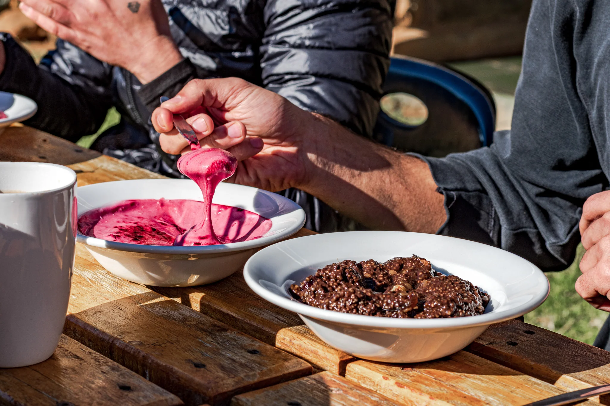 Chocolate chia seed pudding with pink beetroot coconut yoghurt