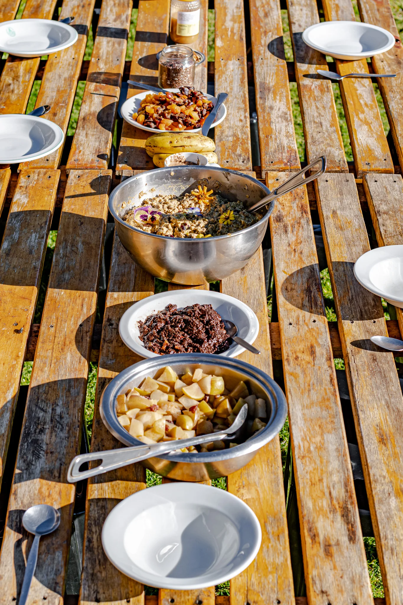 Creamy and spiced overnight oats with stewed apples and pears, dried fruit and seeds.