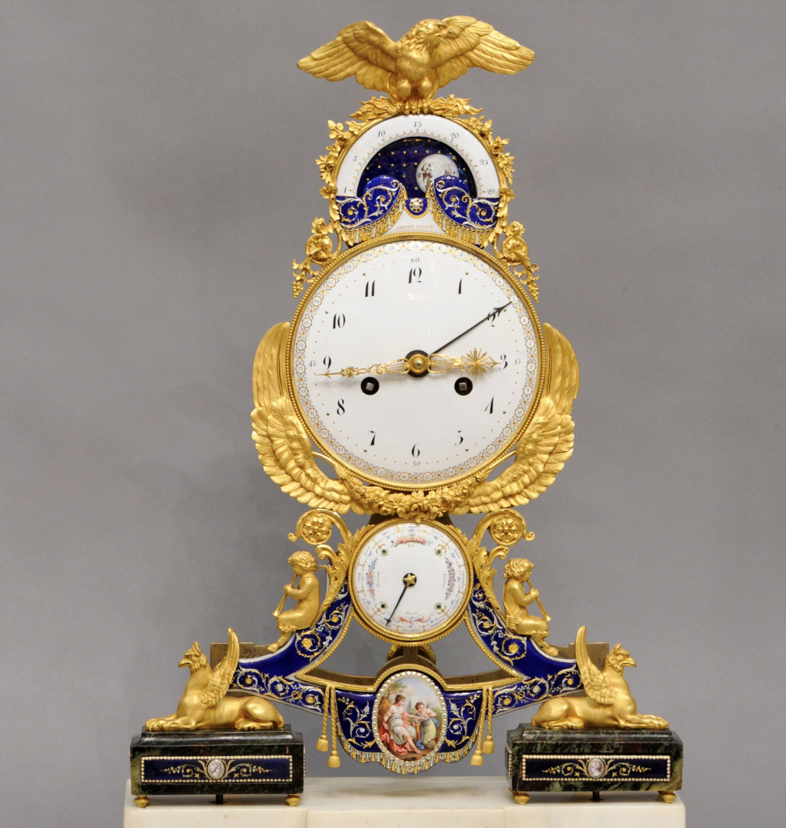 A beautiful oseph Coteau, Mantel clock, 1796, France, enamelled bronze, gilt, marble.