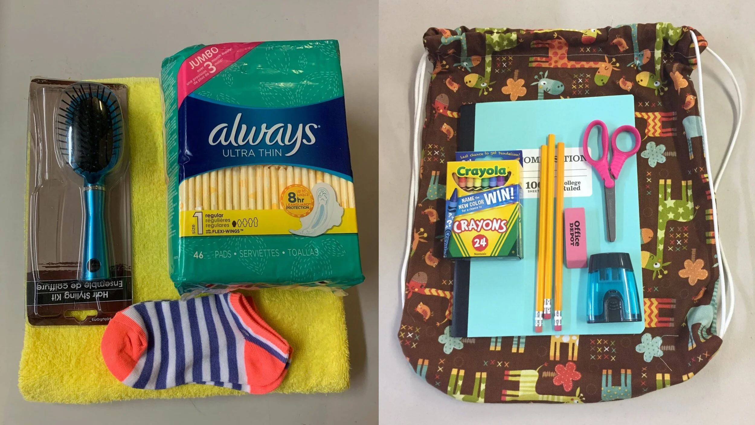   Common aid supplies include personal hygiene items, clothing, and school supplies.  