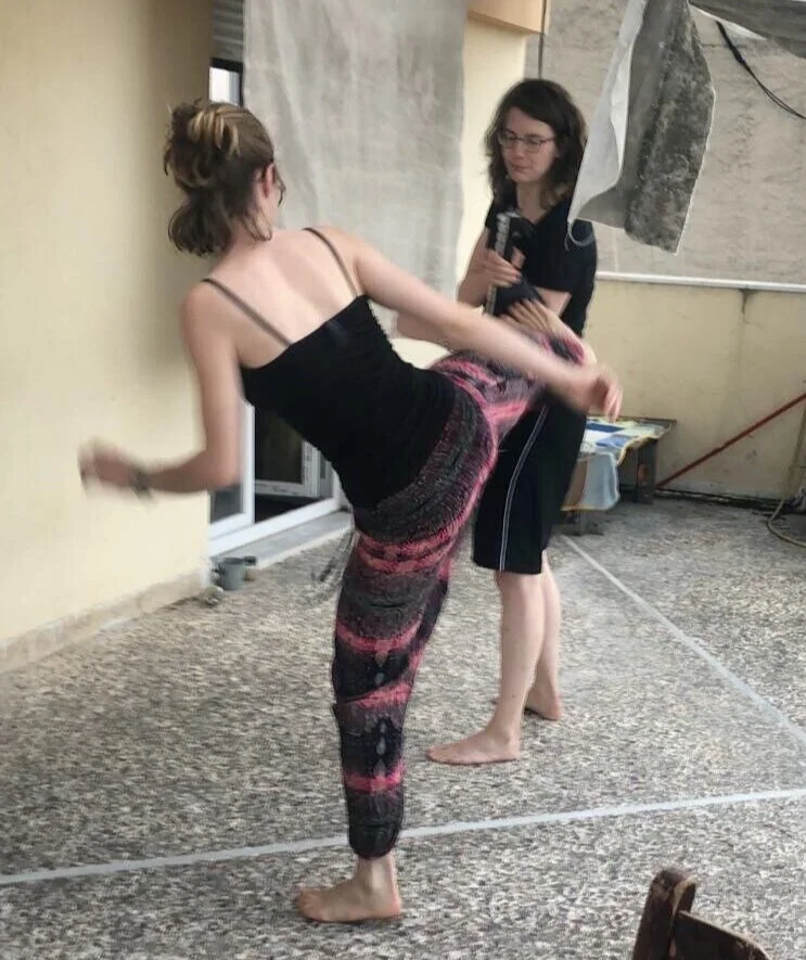   Jana (in the shorts) is a black belt in Tae Kwon Do. Natalie is not…  
