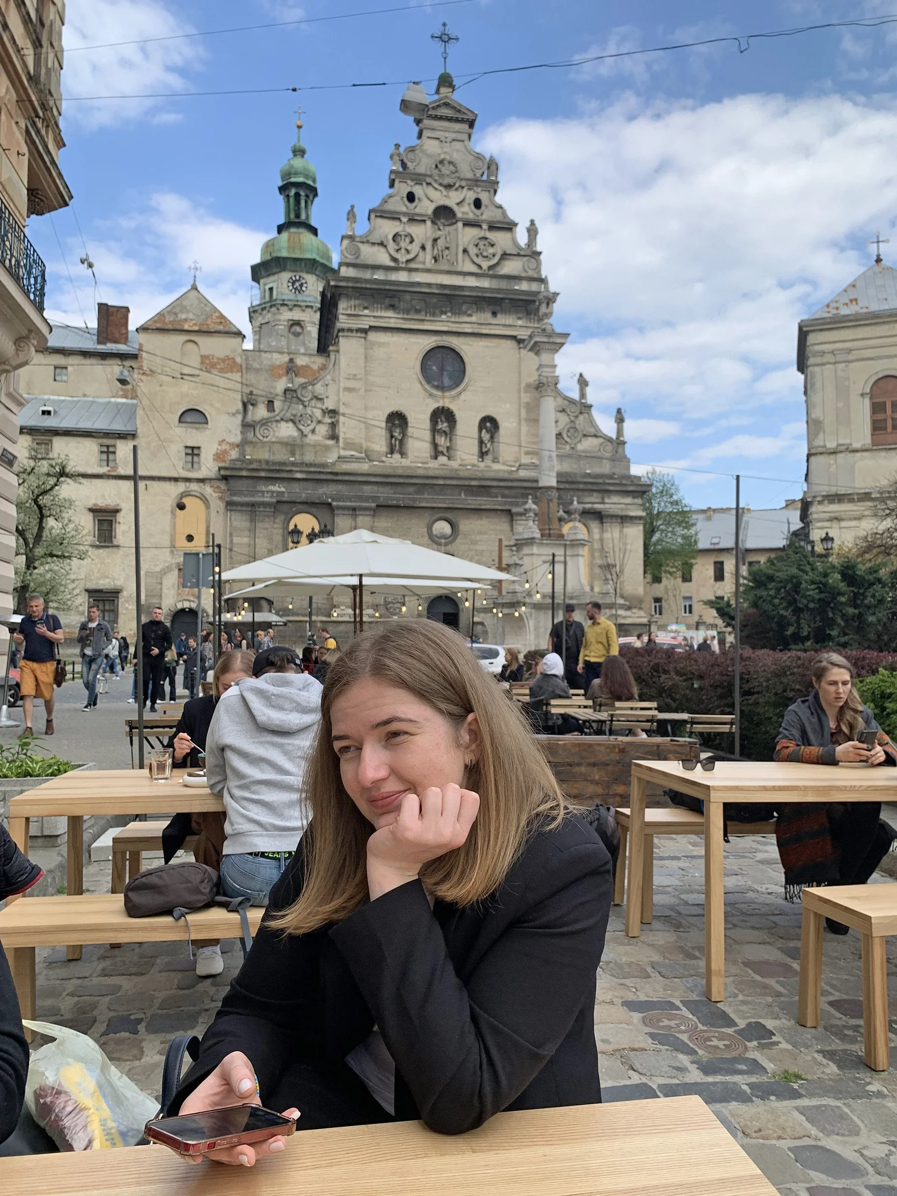   Lunch with our friend Liza. Normal life goes on, but now with church windows boarded up and the periodic background drone of air raid sirens.  