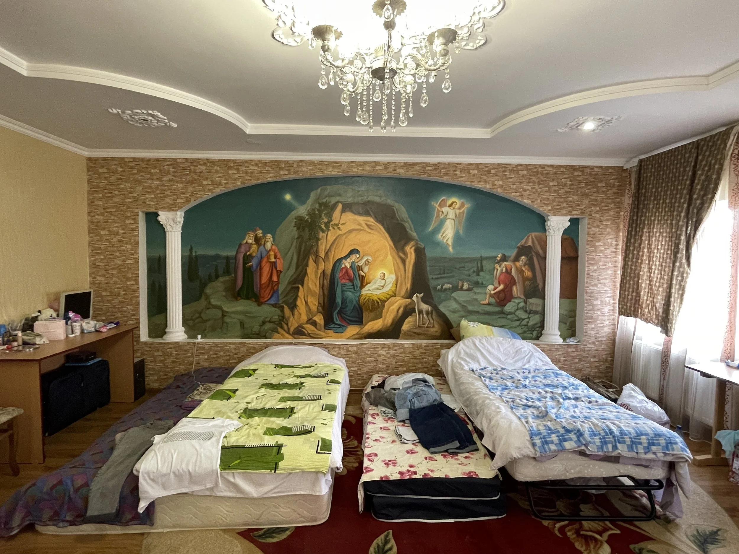   A seminary classroom that has been converted into a bedroom.  