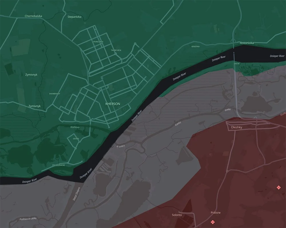  Areas in red are under Russian occupation. As you approach the Dnipro River, life begins to go silent. 