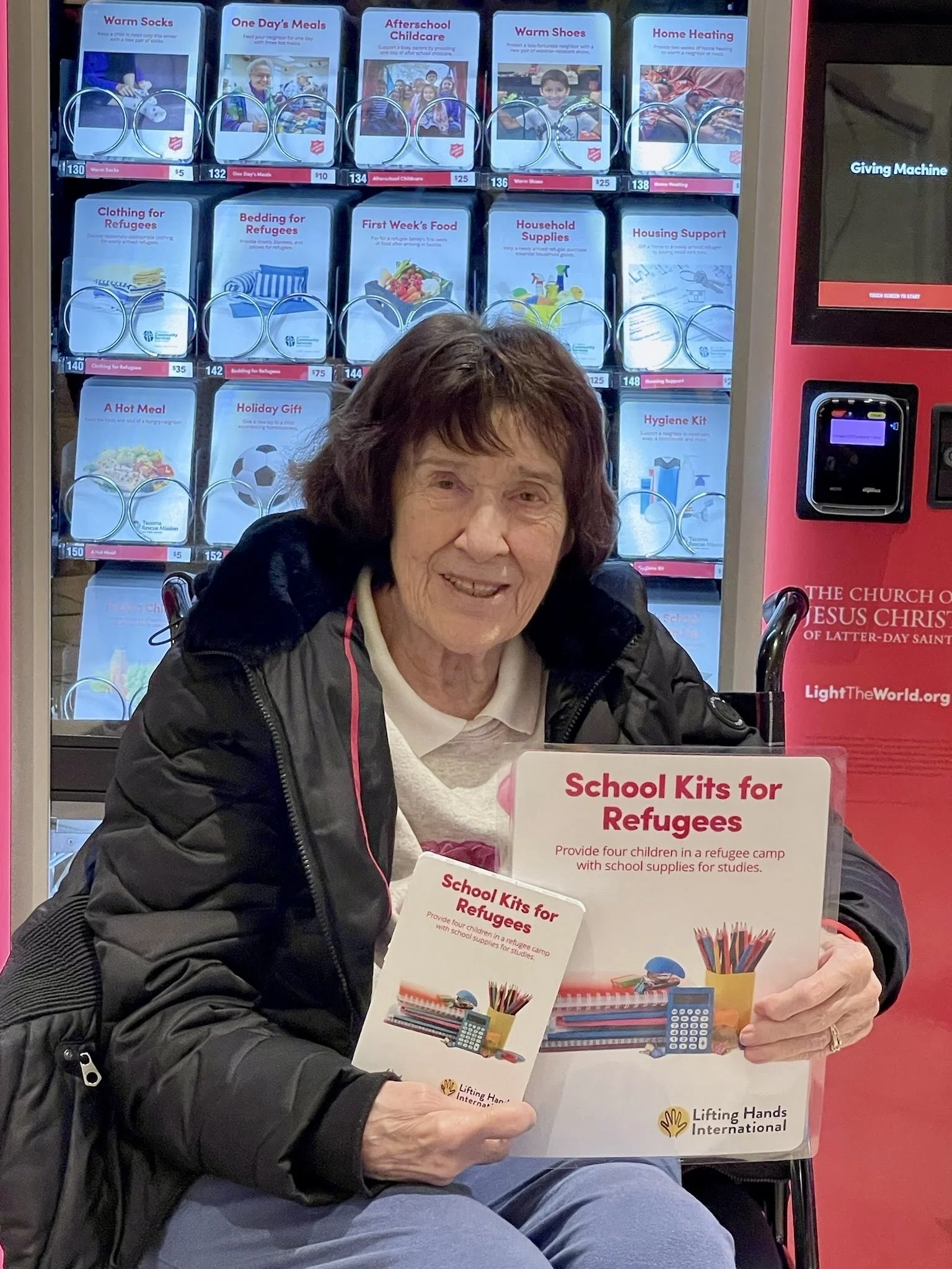  LHI's Director of Monitoring and Evaluation Jaron shared this photo of his grandma visiting the Seattle Giving Machines. 