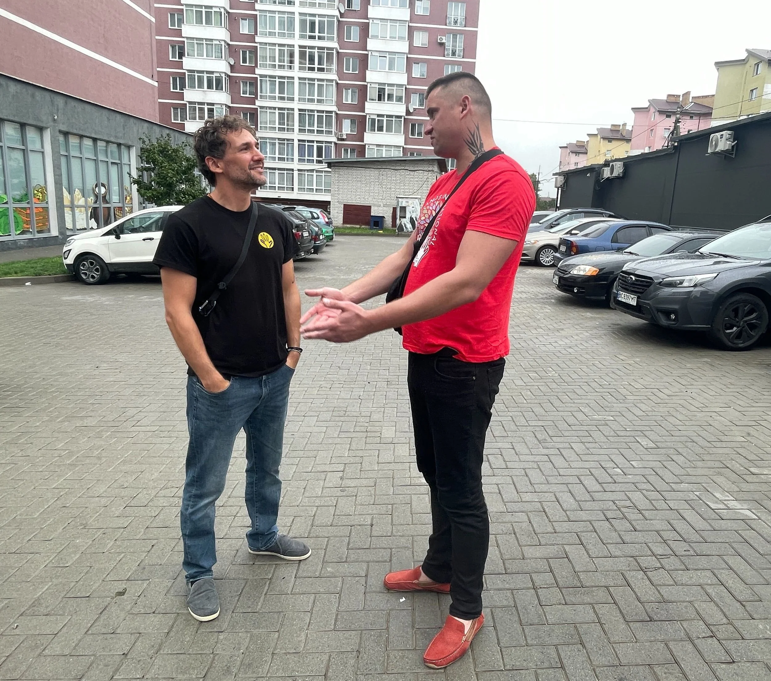   LHI’s Jaron (left) is tall, but Stas, a local business owner who built a two-story shelter near Lviv, is VERY tall.  