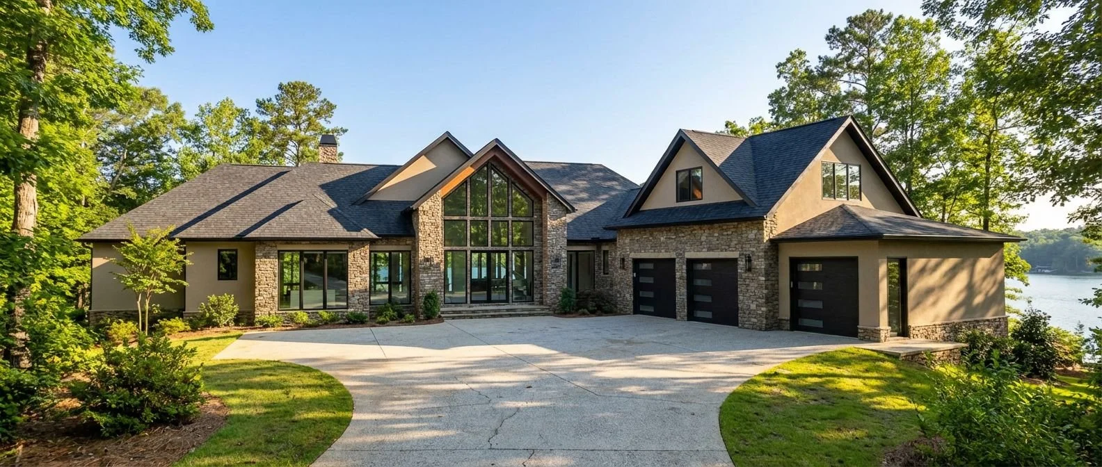 A modern mountain home features natural stone veneer and tan stucco walls with large clear glass win.jpeg