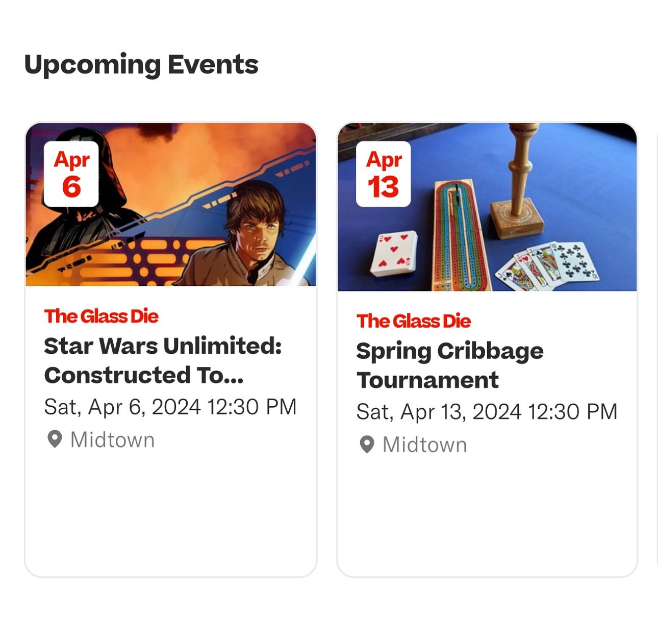 Some fun events coming up!

Tomorrow (6th) we have a constructed tournament for Star Wars Unlimited starting at 12:30pm

Next week on the 13th is our big bi-monthly Cribbage tournament. More details on our Resy page (link on our website!)