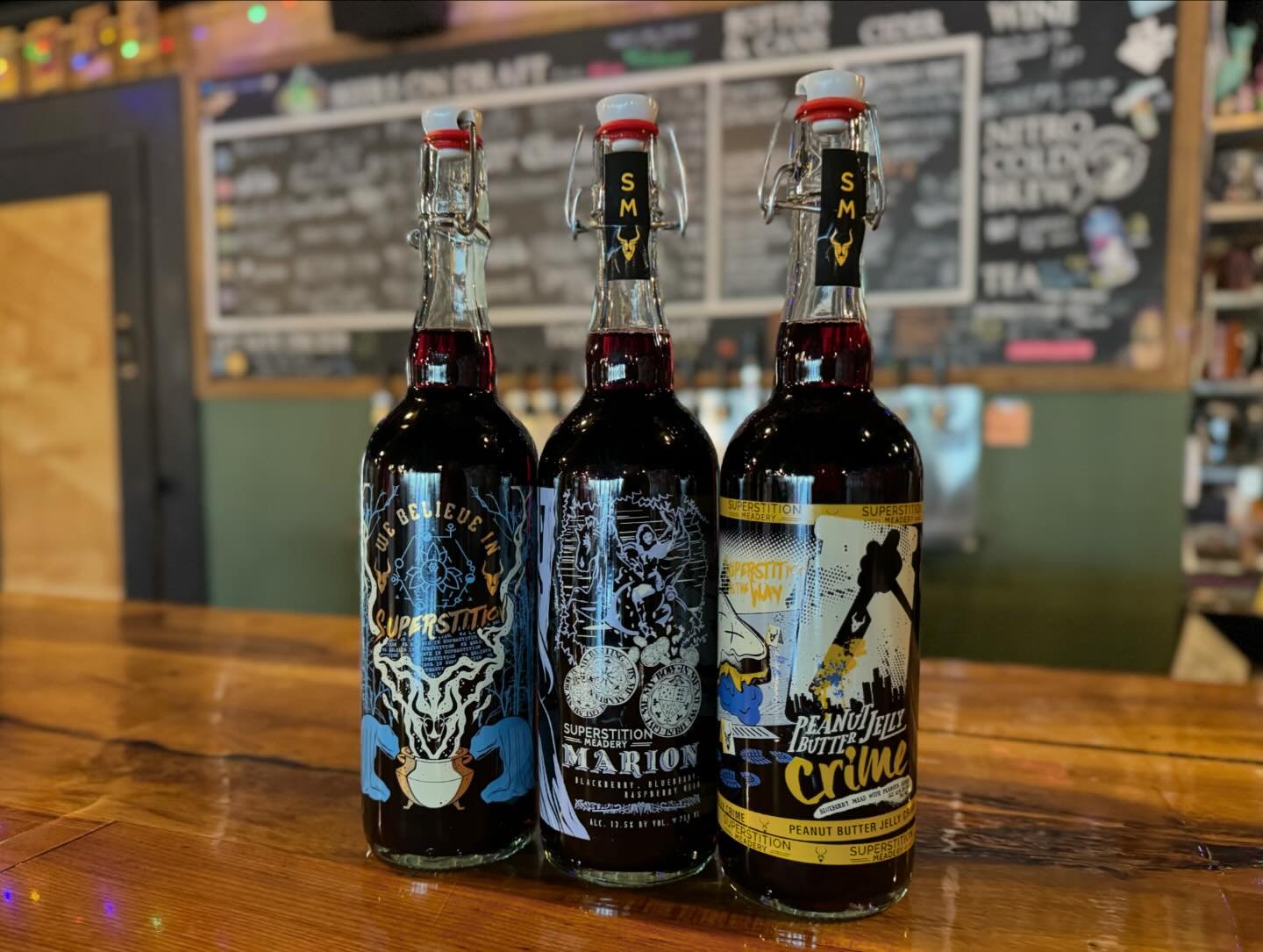 Superstition mead is finally back!
We&rsquo;re very well stocked on Blueberry Hex, Marion, and PB Jelly Crime and also have two new kegged meads that we will be pouring.

First up is the BeeMosa, an orange sessionable mead that tastes like a honey mi