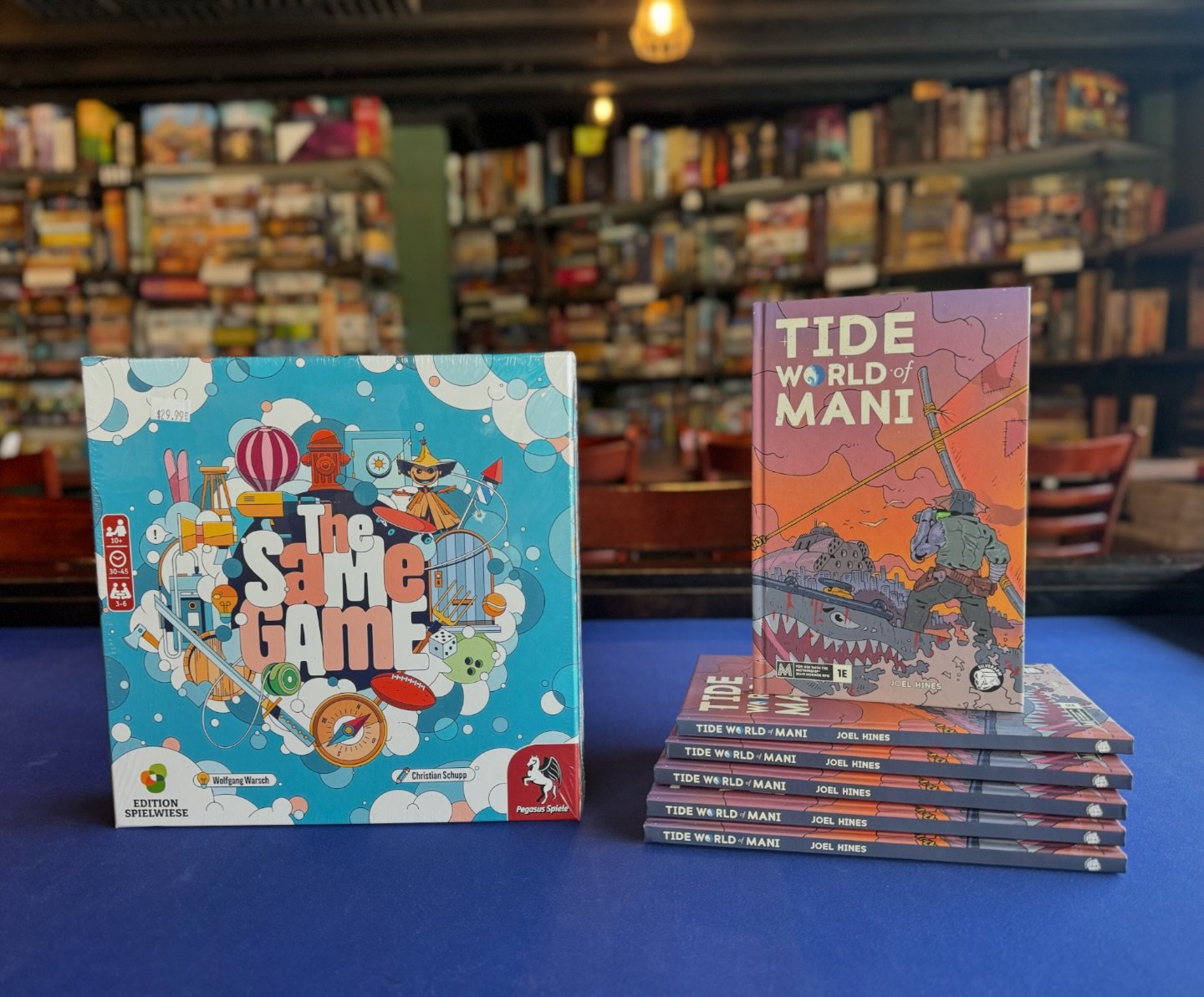 New releases!

The Same Game is a co-op party game from the designer of Wavelength and Quacks. We only have one copy for now but added one to the game library as well.

Tide World of Mani is the newest Mothership TTRPG module from Joel Hines.