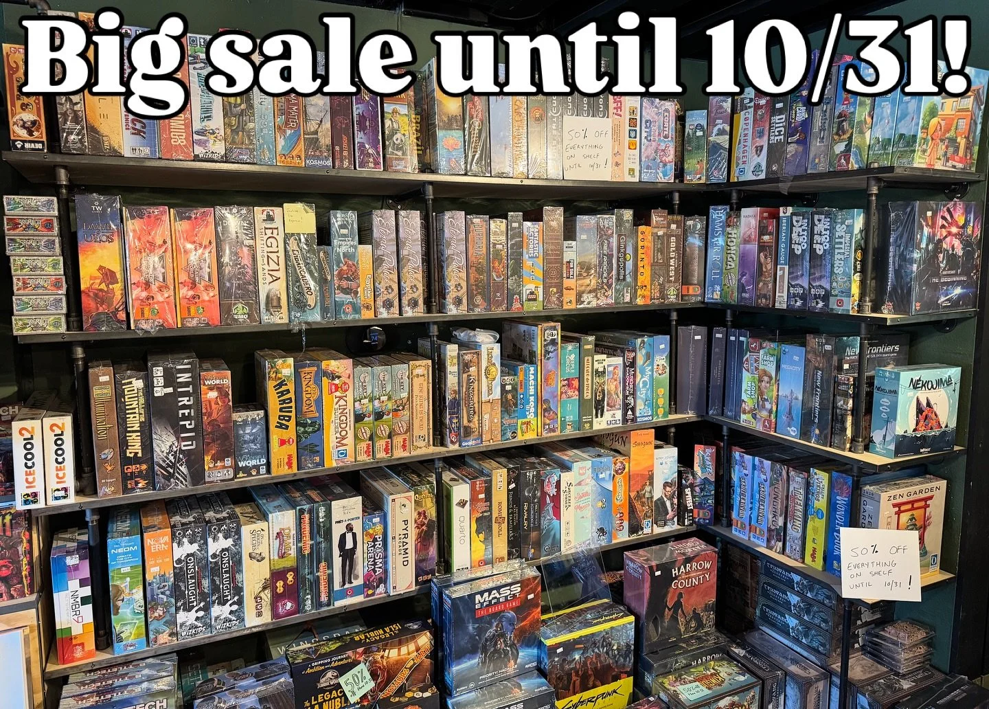 We&rsquo;re doing the holiday sale a bit differently this year, starting off with a select shelf of games deep discounted 50% off.

Our &ldquo;hospice shelf&rdquo; is full of games that we don&rsquo;t plan on restocking ever again, and there&rsquo;s 