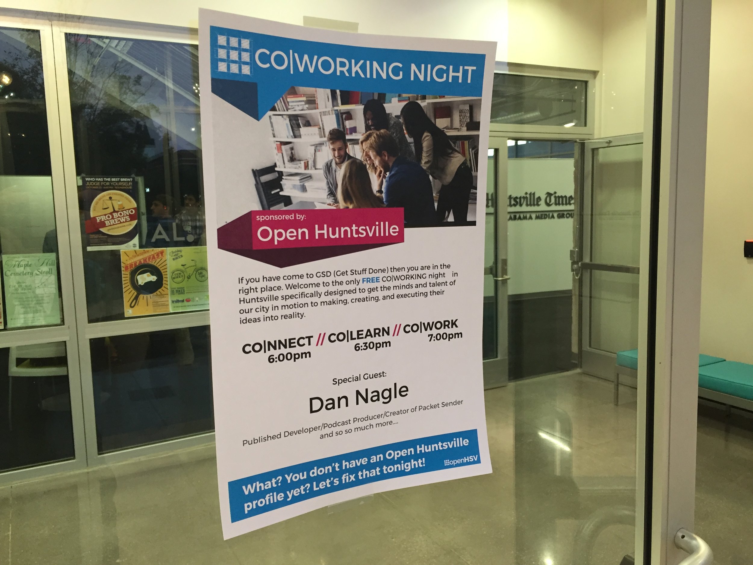 A flyer for CoWorking Night in October, 2015