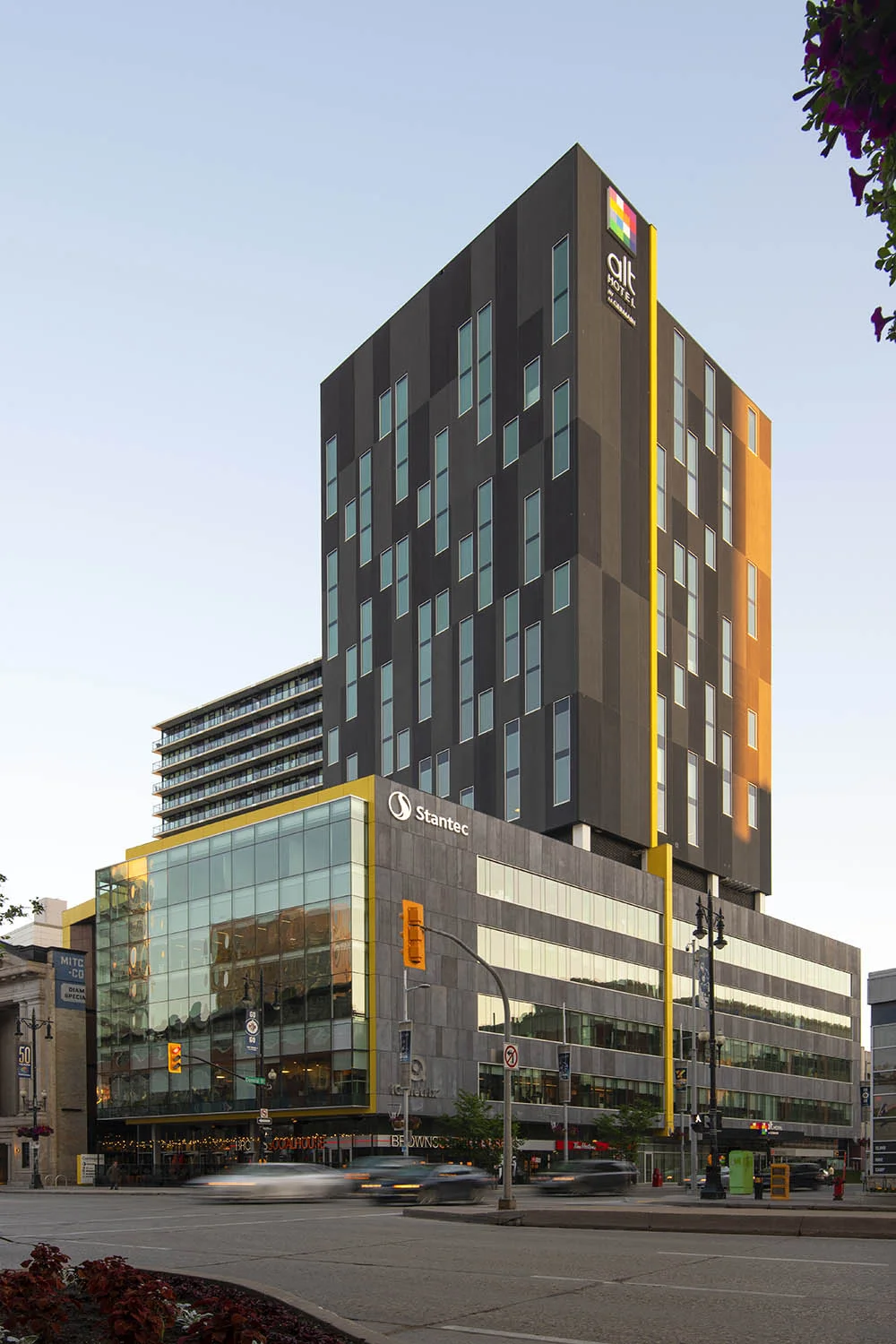 Architectural exterior photography of a large building in downtown Winnipeg.