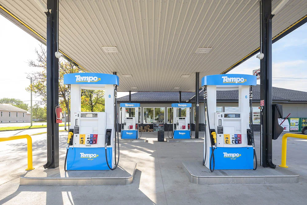 A wide angle shot of the gas pumps, gives depth to the image. © Robert Lowdon