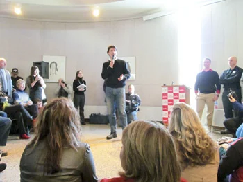 Justin Trudeau speaks to the crowd on Thursday, January 31, 2013 at Brandon University. (Holly Kalyniuk / The Quill)