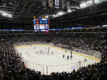 File photo. The Winnipeg Jets celebrate after scoring a goal against the Florida Panthers, on January 21, 2012, at the MTS Centre. (Brady Knight / The Quill)