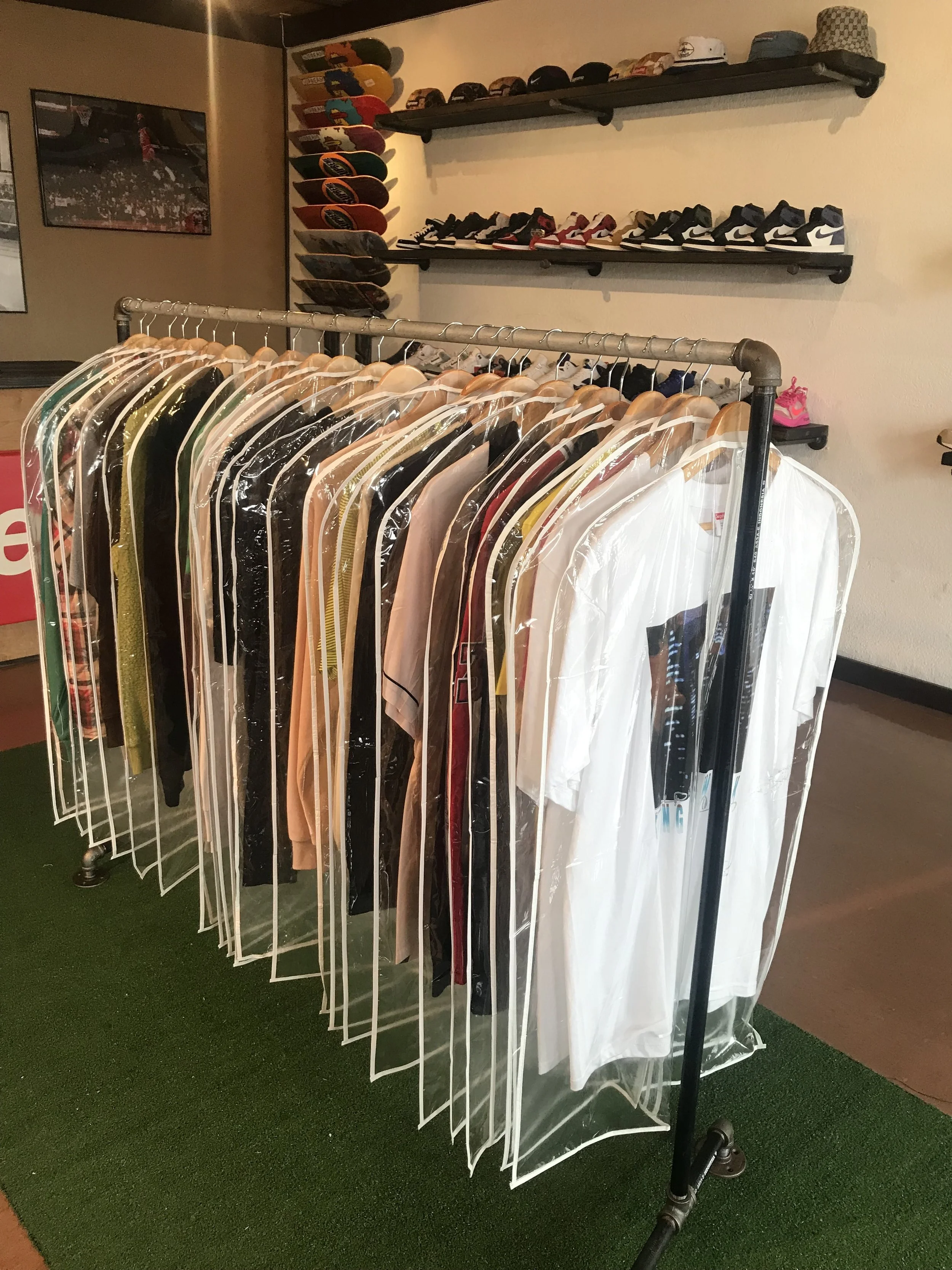 T-shirts, some selling for as much as $700, are kept in protective plastic sleeves.