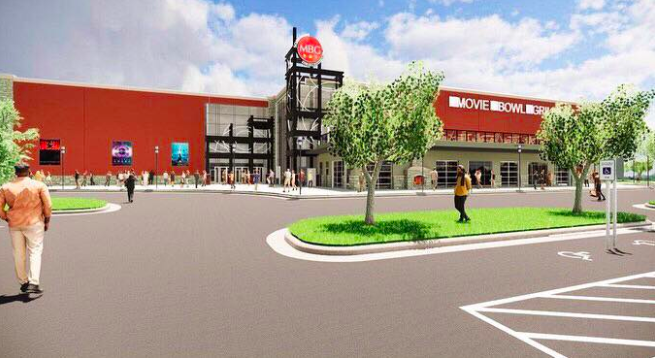 A rendering of Schulman’s Movie Bowl Grille, a 90,000-square-foot entertainment center that will anchor a planned mixed-use development at the northeast corner of Interstate 35 and South Loop 340 in Waco.