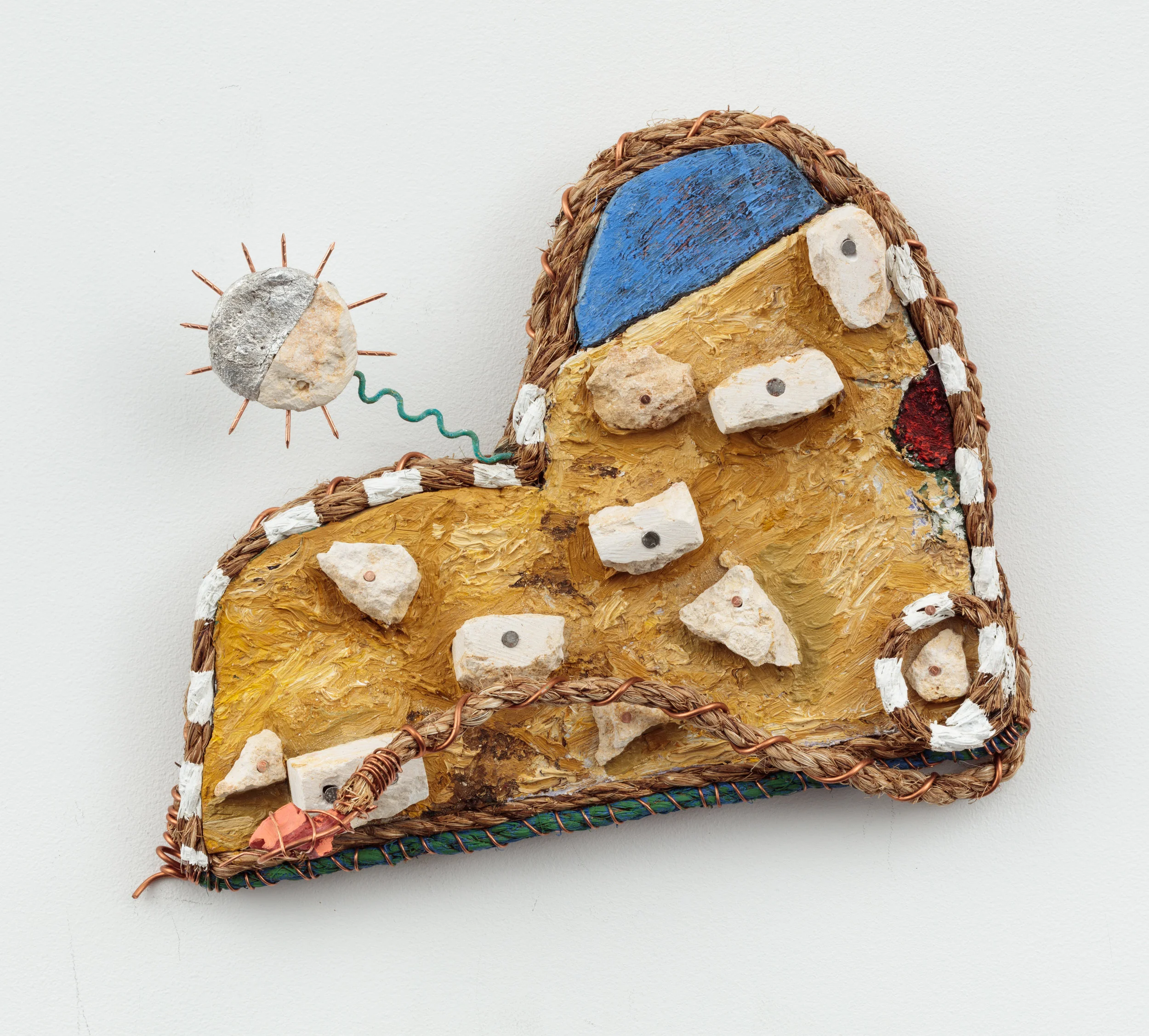 Untitled, 2018 / Oil, rope, nails, copper wire, limestone and glass on wood.