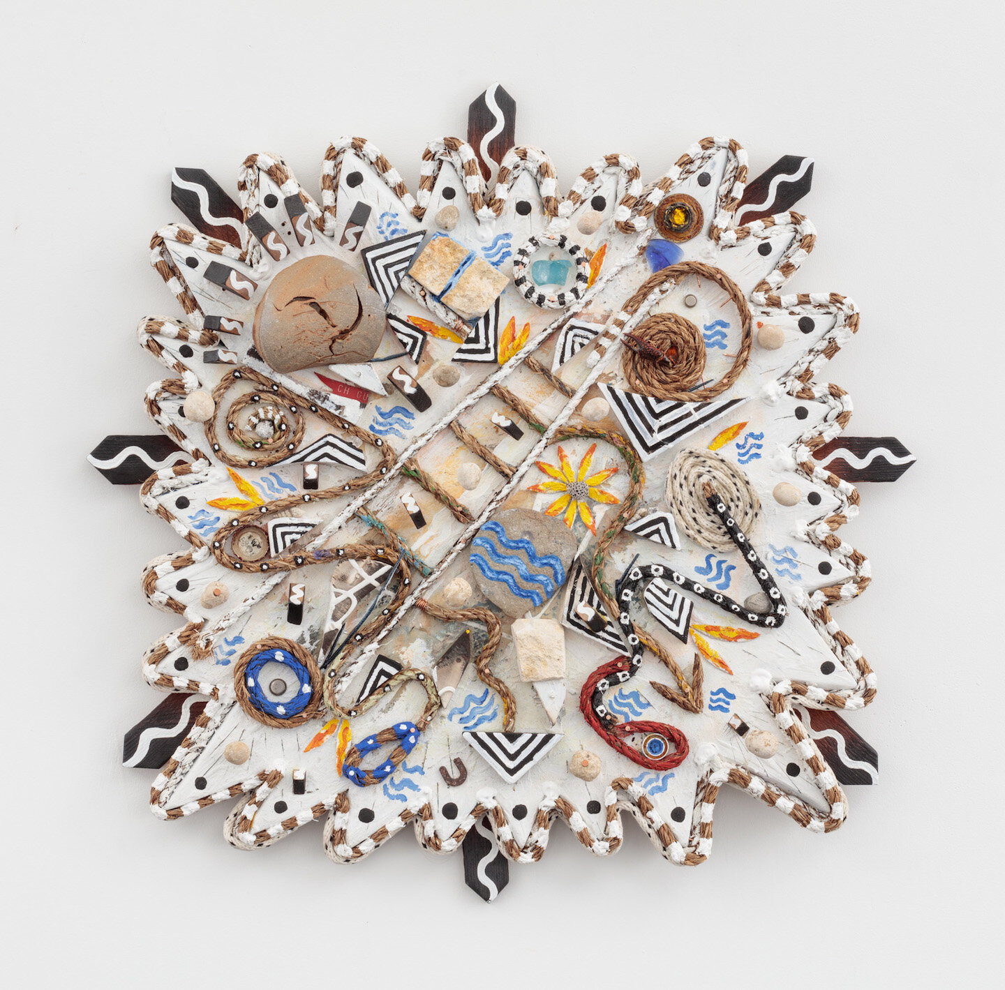  Daniel Rios Rodriguez and Kate Newby,  Passiflora Pirate Utopia , 2018, Oil, acrylic, rope, nails, wood, and other found materials on wood panel, 29 x 29 inches 