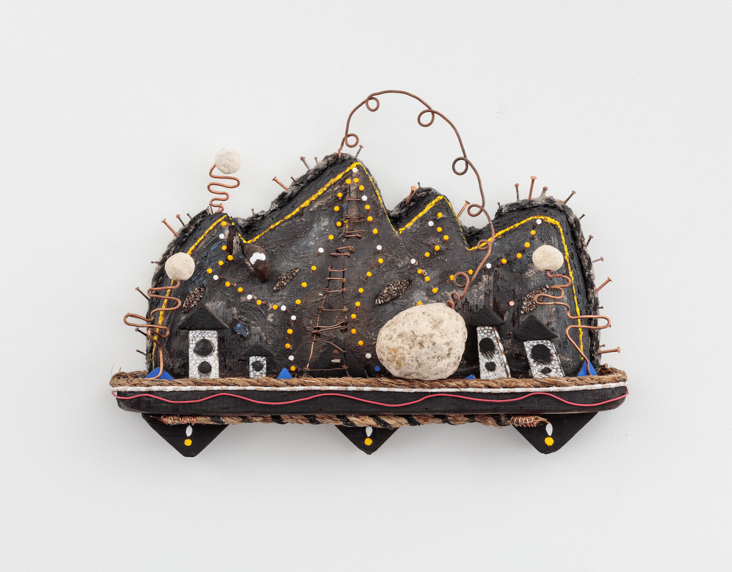   T.A.Z. , 2018, Oil, Flashe, nails, rope, limestone, copper wire, and wood on wood, 10 1/2 x 15 inches 