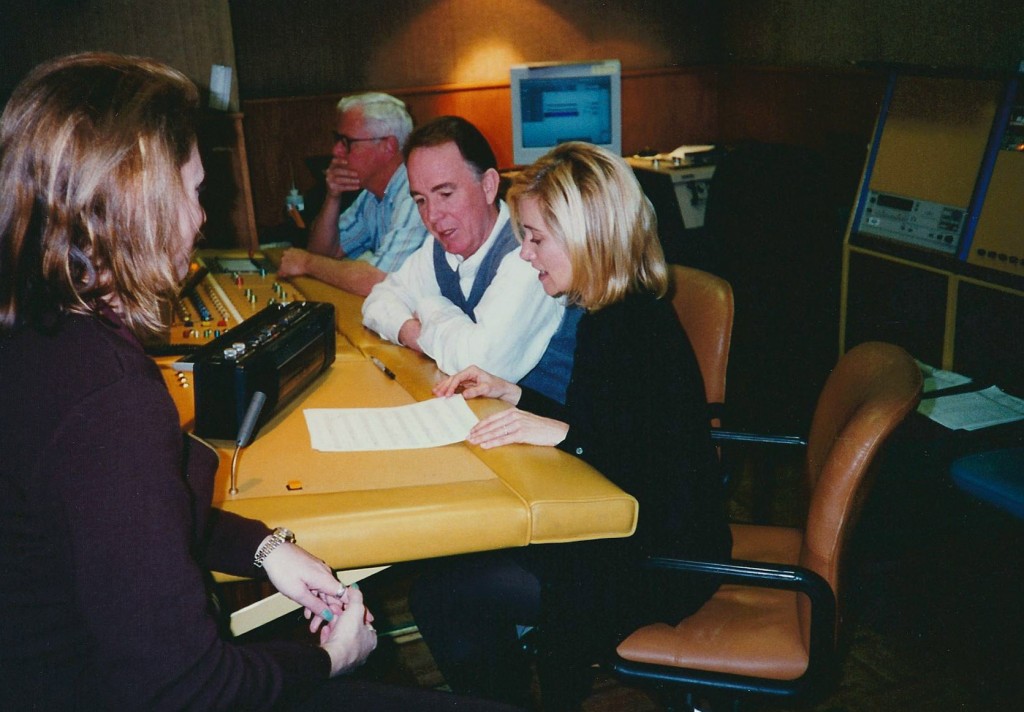 The other side of the recording booth at Hanna Barbera. From left: Kara Vallow, Ed Collins, Bodie Chandler, Maureen McCormick, 1997