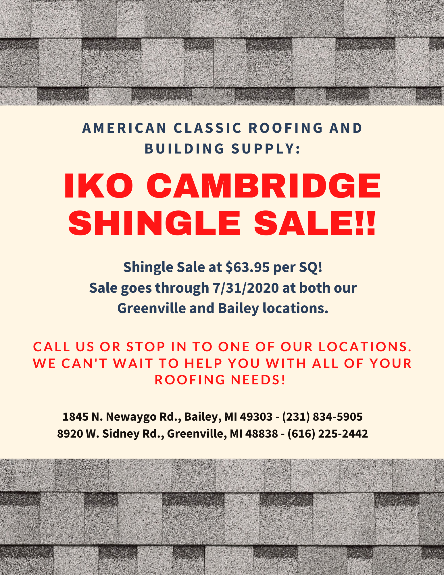 JULY 2020 IKO CAMBRIDGE SHINGLE SALE!