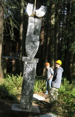Lee Kelly (orange hat) and Carter Stirling (yellow hat) installing "Winter Song" summer 2016
