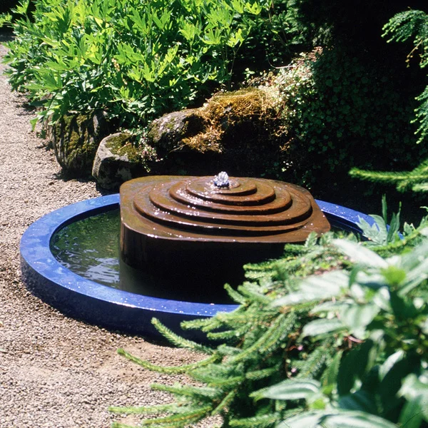 Sir James Mcdonald memorial, Elk Rock Garden, Portland Oregon Cor-Ten steel fountain, porcelain enamel pool rim, 1984.