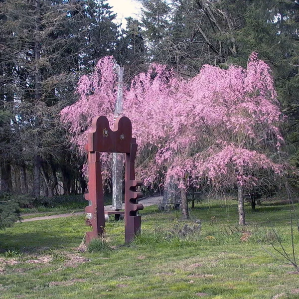 Springtime at Leland Iron Works Coberg Gate (foreground) and Susan's Song (rising above the plum trees) at Lee Kelly's studio.
