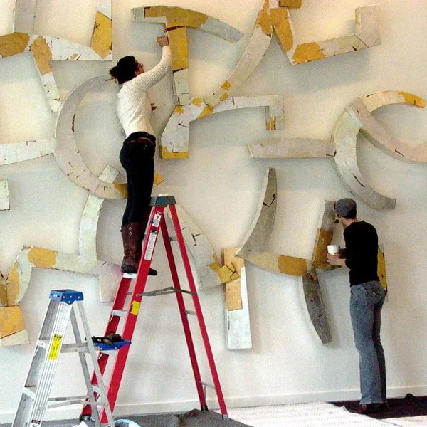 Celebes Steel and metallic leaf, 2012. Installation of sculpture at Vestas World Headquarters, Portland, Oregon.