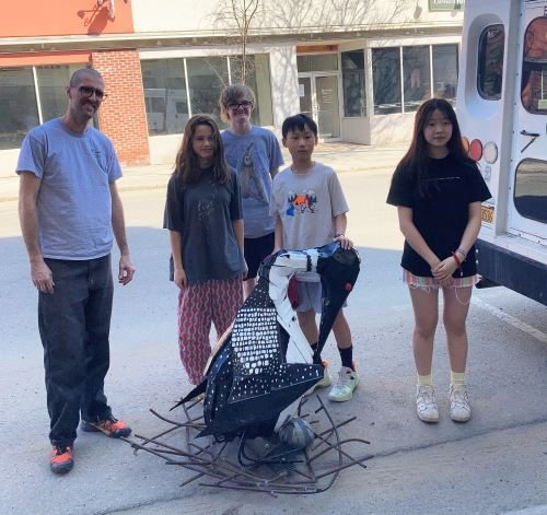  The loon sculpture arrives in Saranac Lake with Larry Robjent and his students from North Country School! 